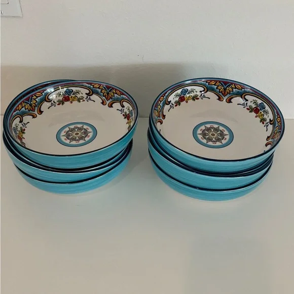 Euro Ceramic Zanzibar Pasta Bowls Set of Eight Spanish Style Floral Stoneware - Picture 4 of 8
